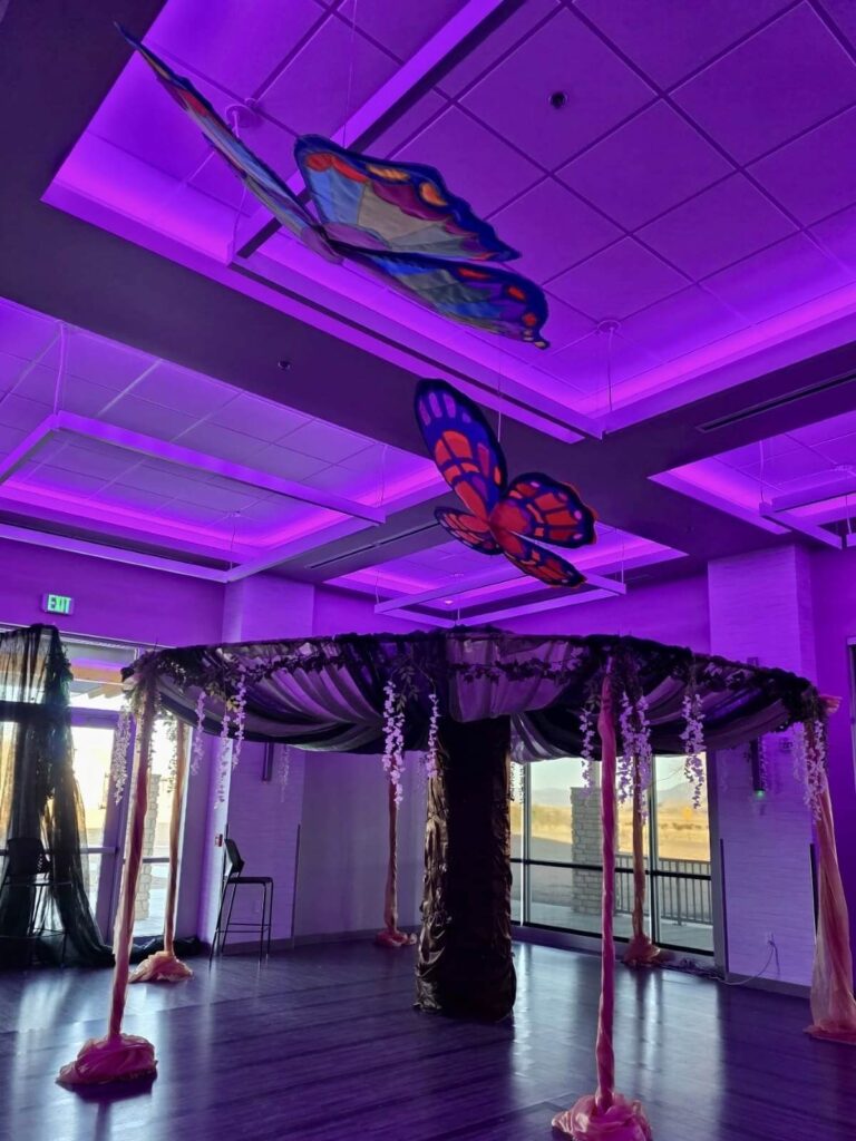 Room with purple lighting and butterfly decorations on the ceiling.